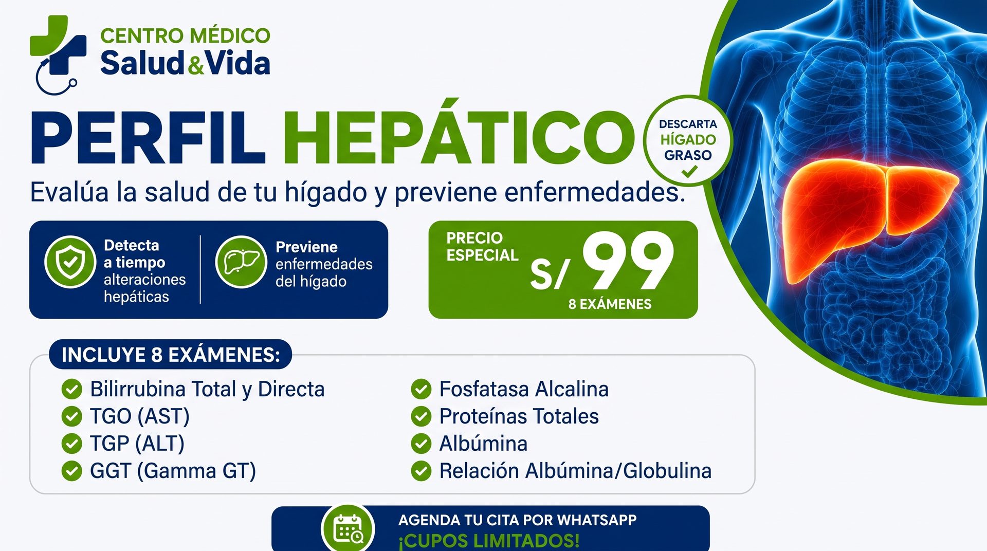 Promoción Perfil Hepático de 8 exámenes a S/99